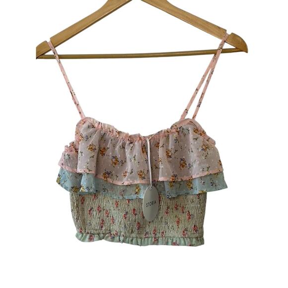 Storia Pink & Blue Ditsy Floral Smocked & Cropped Tank Top Size Small NEW - Picture 1 of 5
